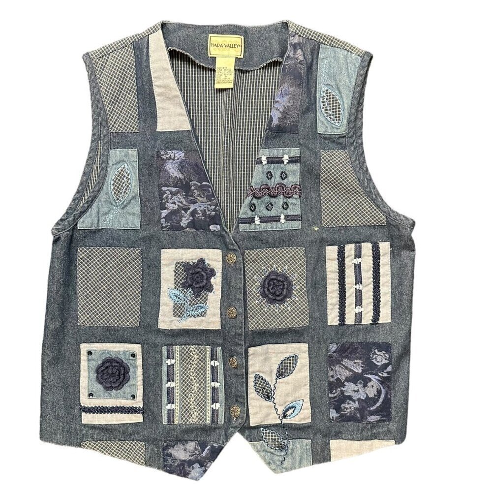 Vintage Vest Napa Valley 90's Denim Patchwork Embroidery Crochet Detail Size M‎